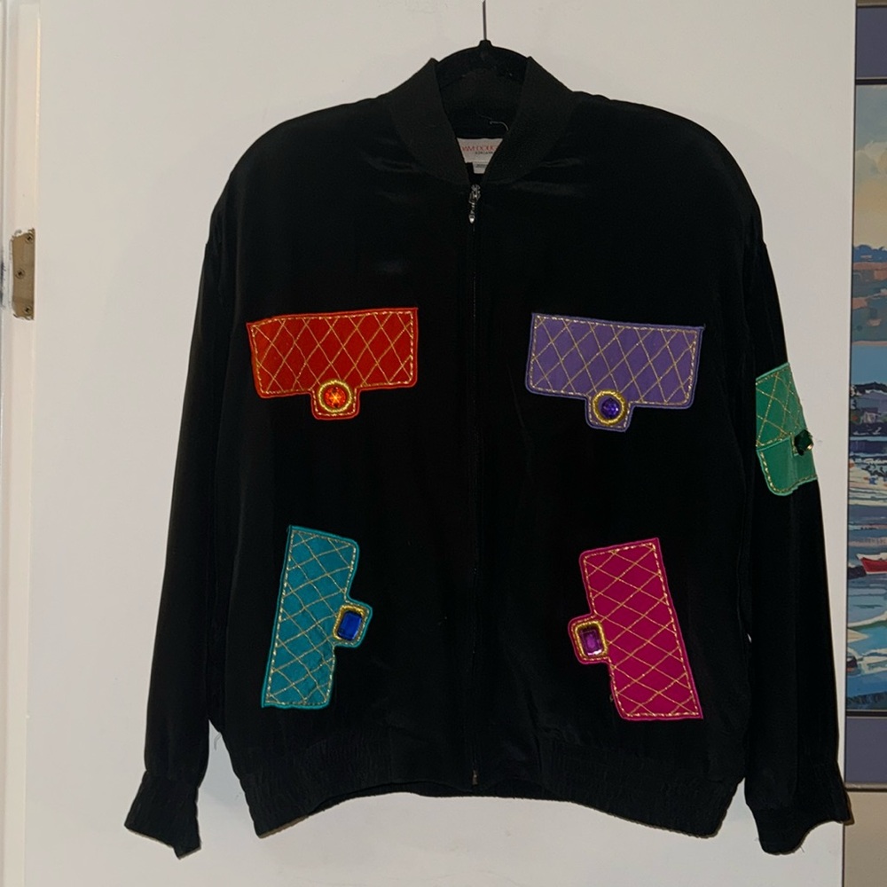 VINTAGE RETRO SILK BOMBER JACKET WITH COLORFUL APPLIQUÉS